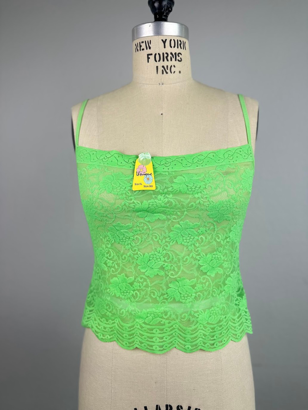 NWT Vintage Y2K Unique Lingerie Lime Green All Over Lace Cami Tank Top Small